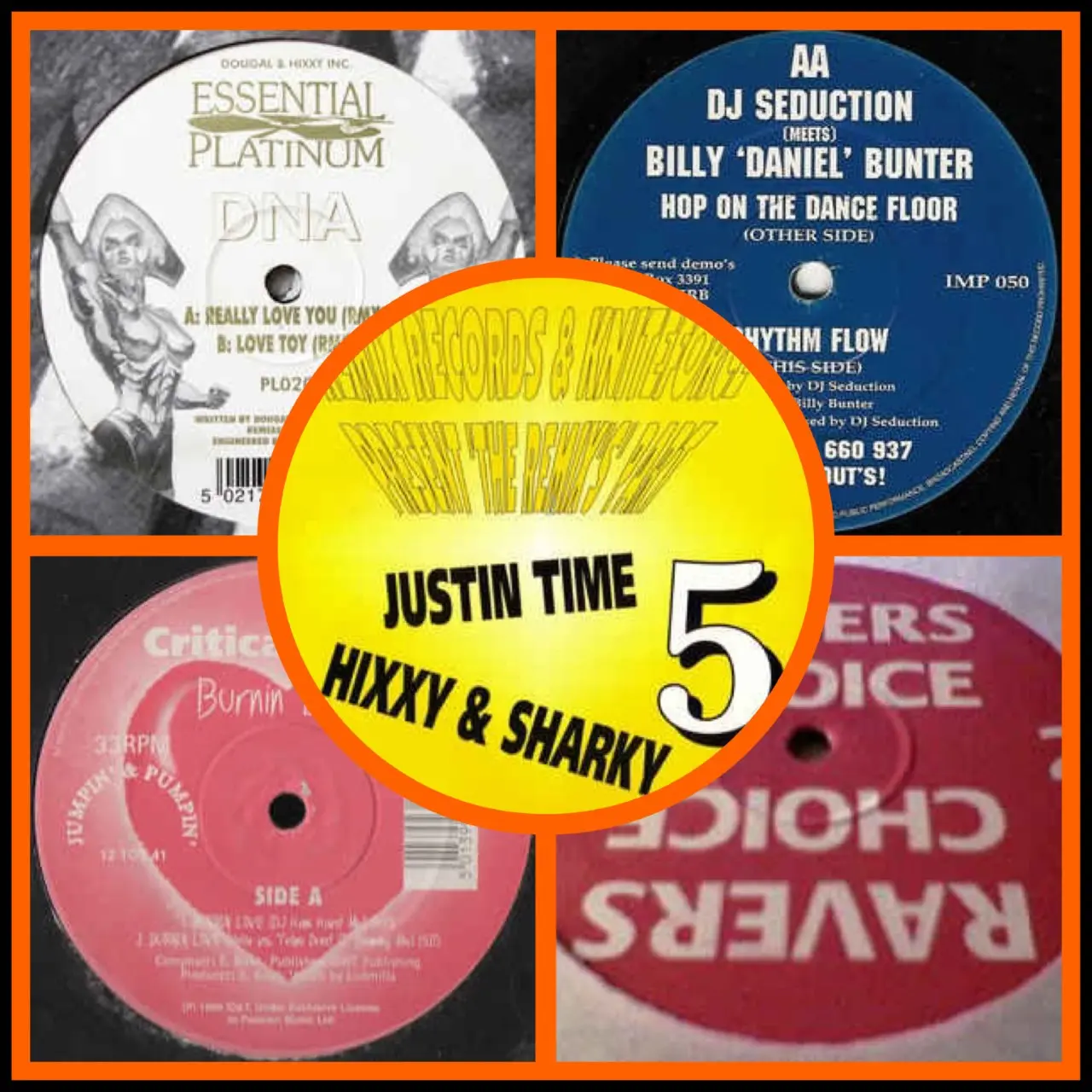 Collage of classic hardcore record labels — Essential Platinum, DNA, Hixxy & Sharky, Justin Time